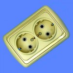 Розетка 2 местная скрытой проводки с заземляющим контактом (евро) 2РС16-003 металлик цвет золотой с золотой рамкой Дельта